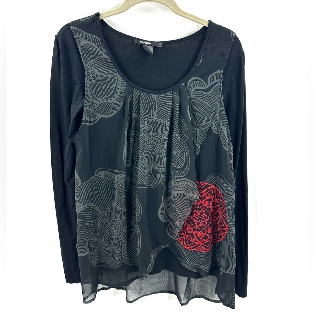 Desigual Blackville Chiffon Top Womens XS Asian Print Jersey Stretch Whimsigoth - Picture 9 of 9